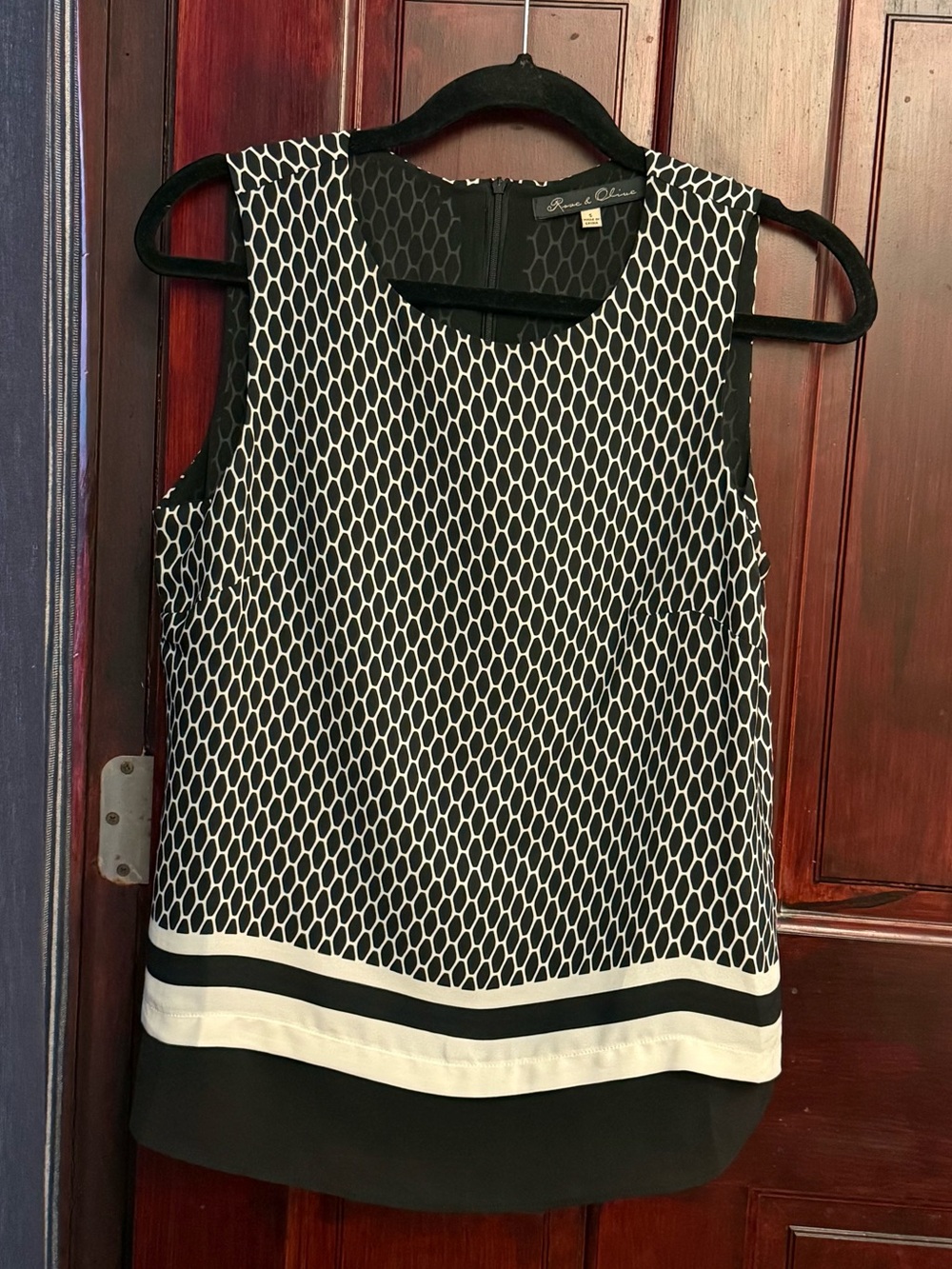 Rose and Olive Black and White Oval/Round/Geometric Print Tank; Dressy Tank